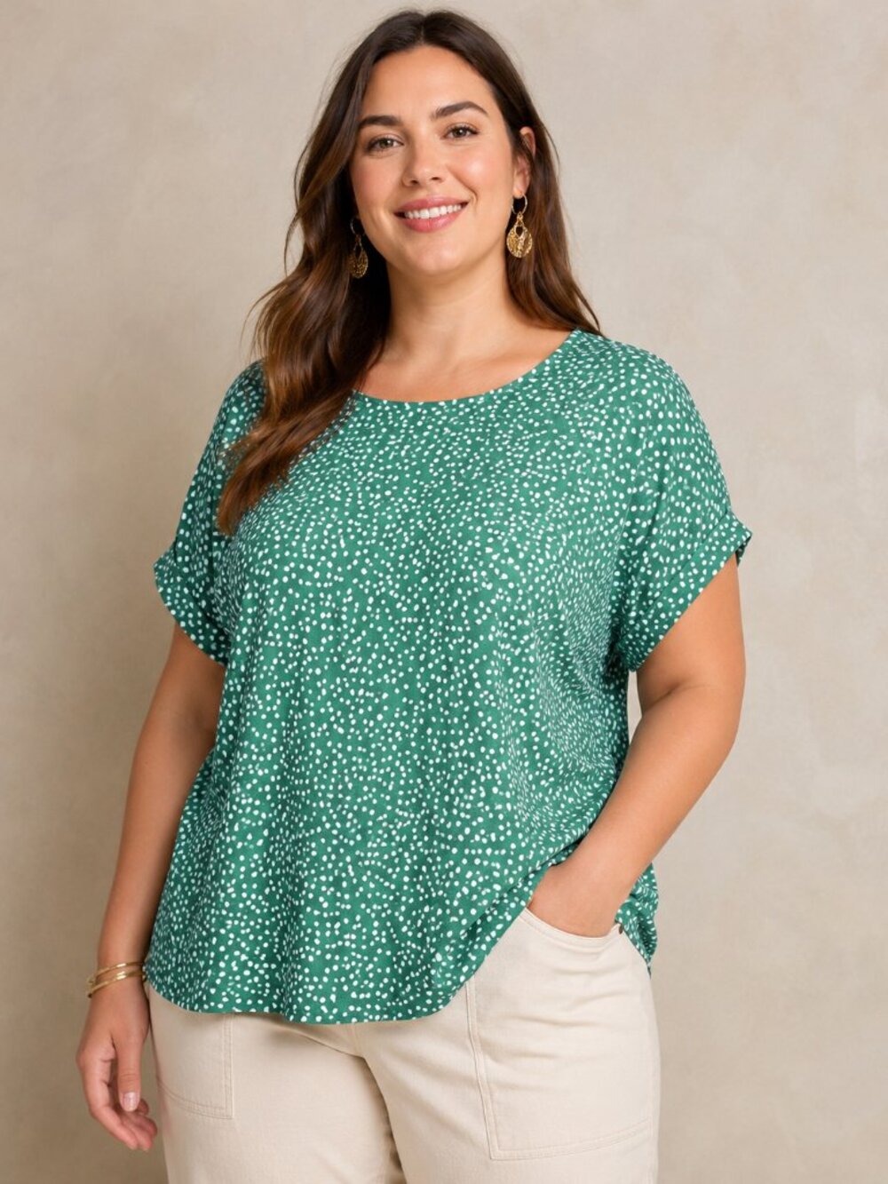 Anthropologie Large L Melloday Green White Dot Print Gold Zip Stretch Top Blouse